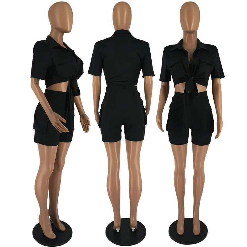 Ladies Two Piece Set For Summer, Pockets Short Sleeve Button-Up Shirt And  Short Set.