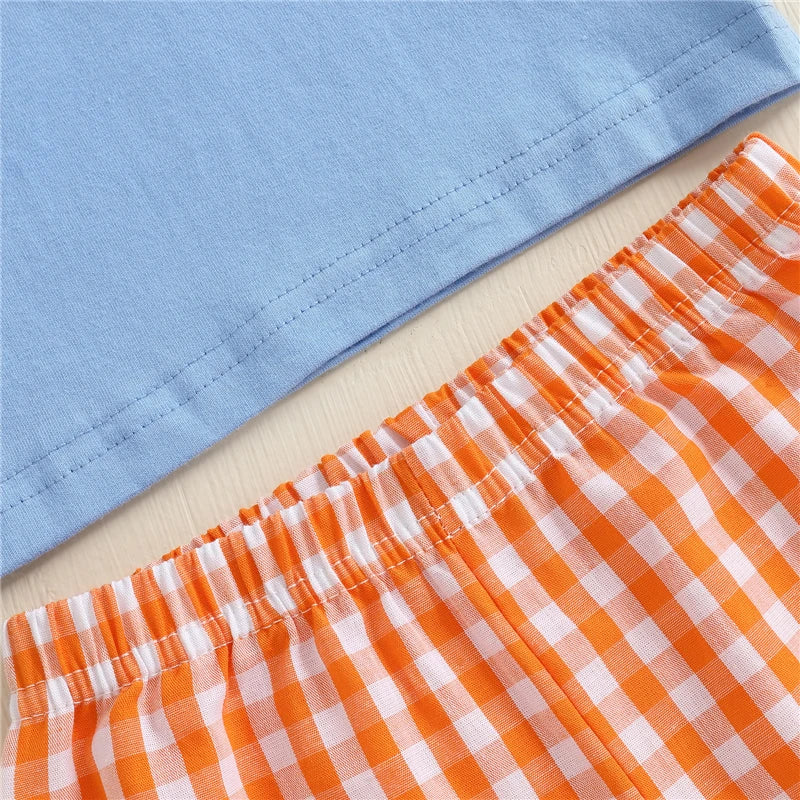 Toddler Baby Girls Boys Halloween Outfit Pumpkin Embroidered Short Sleeve T-shirts Plaid Elastic Waist Pants 2 Piece Set