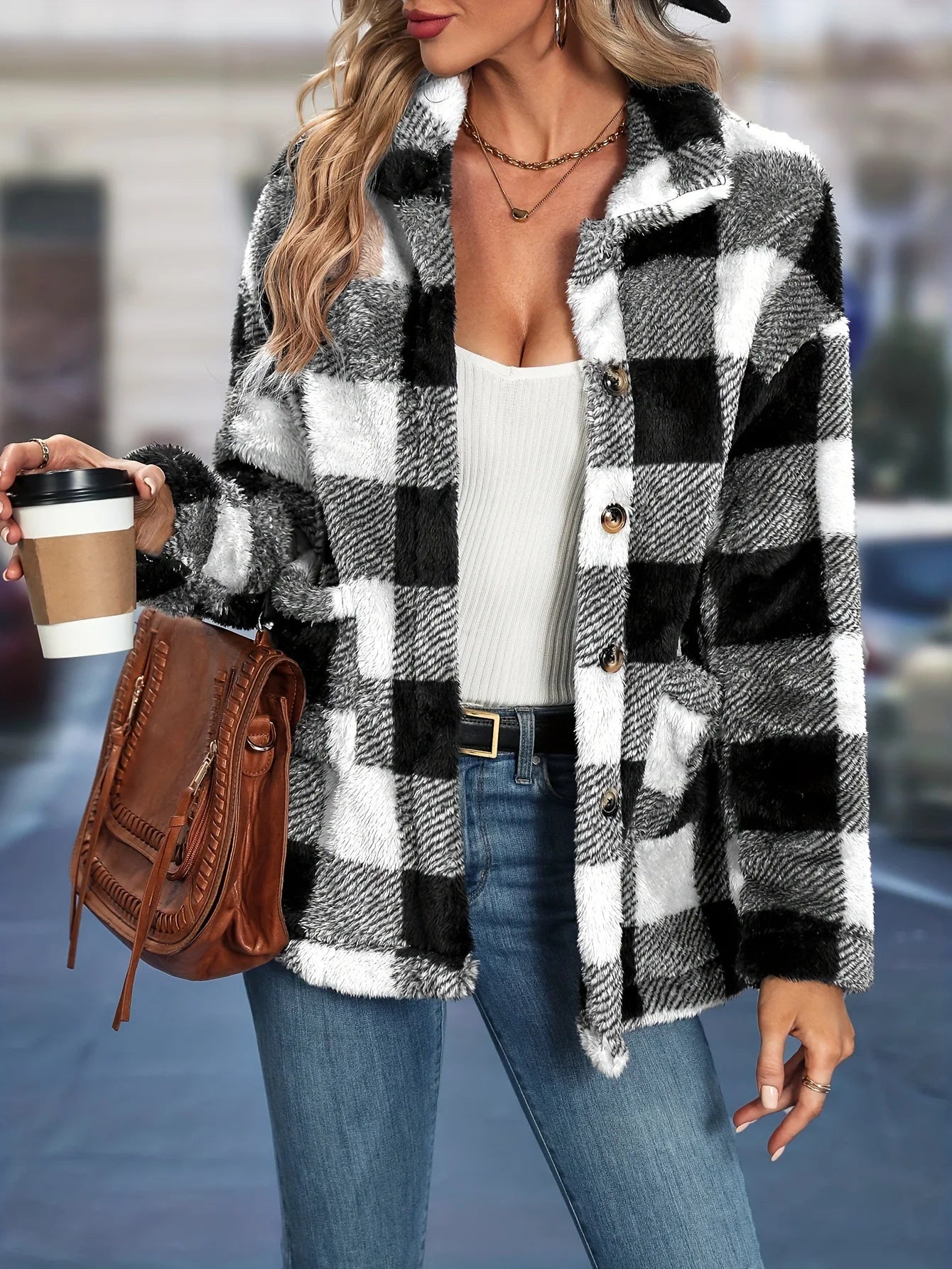 Cross border European autumn/winter square plaid lapel women's coat