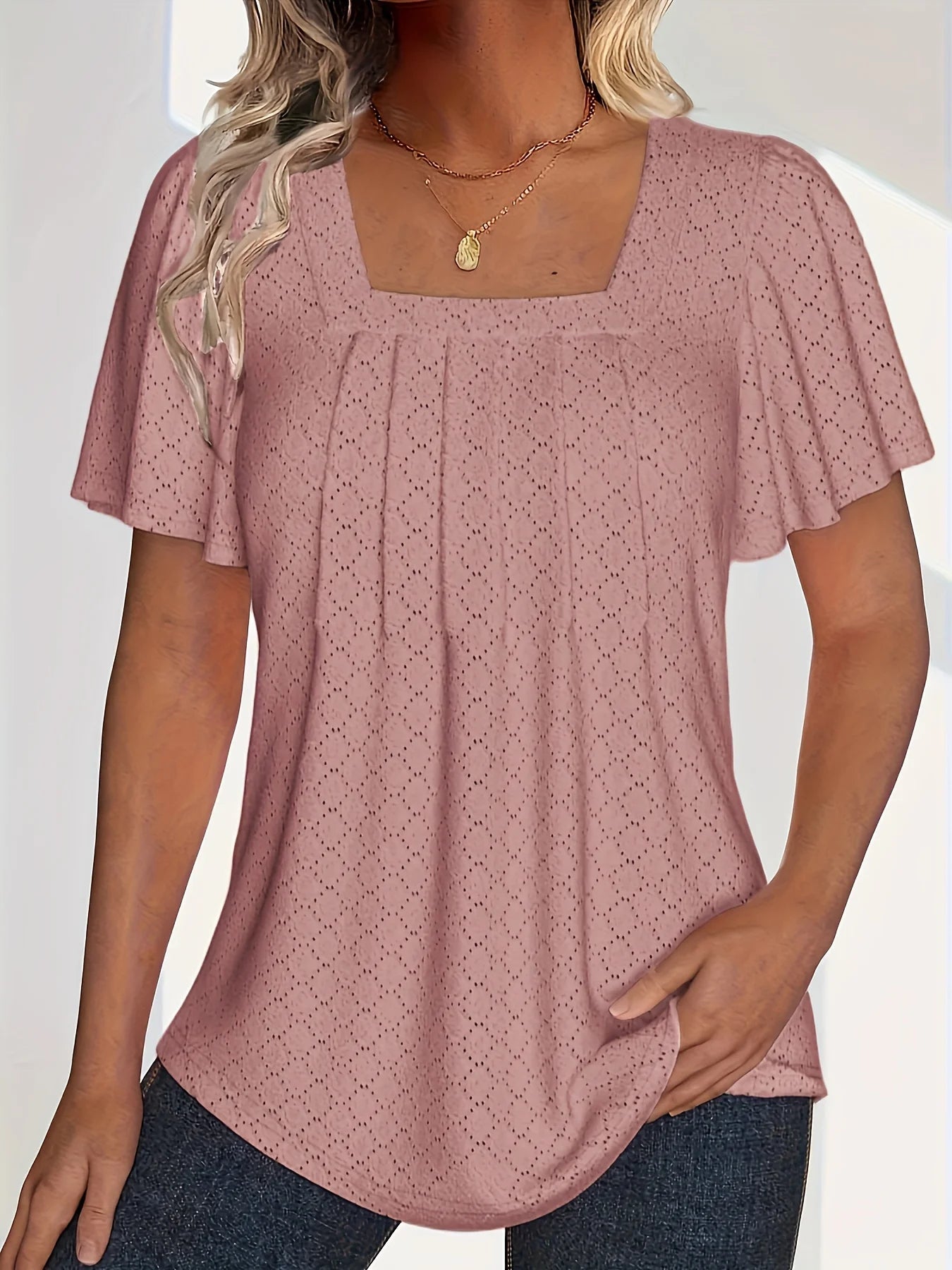 Plus size spring and summer fashionable and elegant hollow top loose ruffle sleeves.