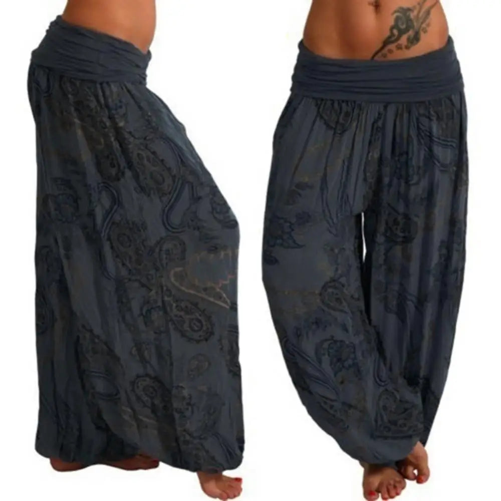 Ladies Boho Loose Pants Paisley Print High Waist Ankle Tied .