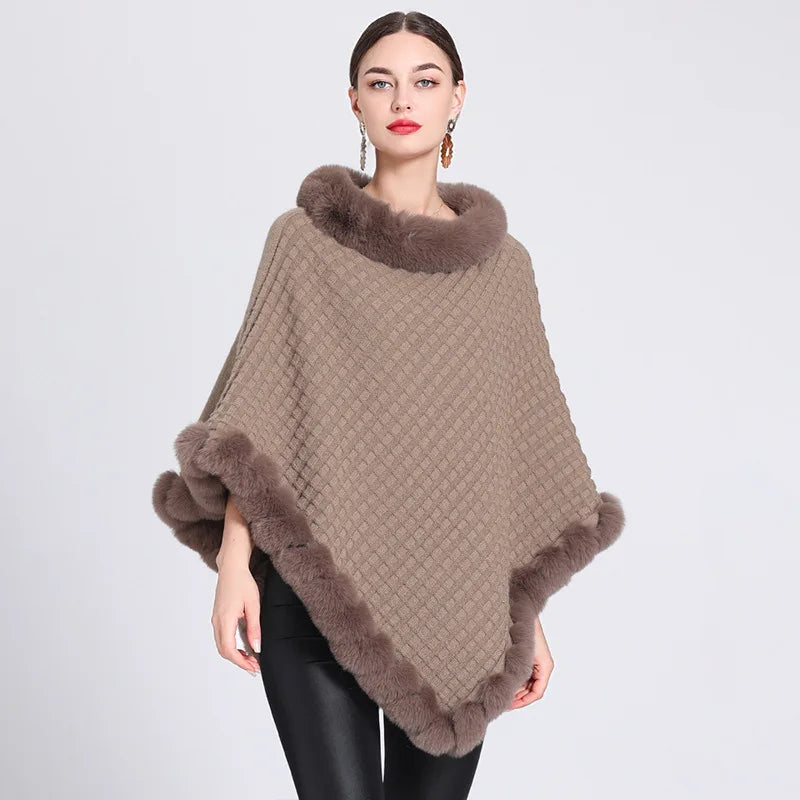 Fashion Plaid Striped Faux Fur Pullover Women Autumn Winter Knit Poncho