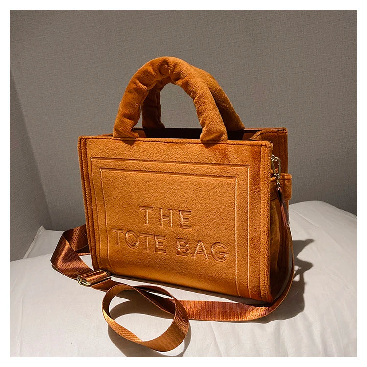 Women's Velour Tote Original Letter Print Square Stylish Soft Shoulder Bag