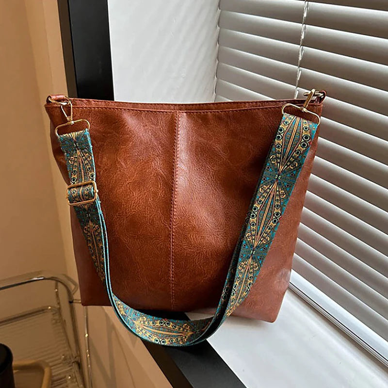 Versatile Geometric Strap Shoulder Bag Large Capacity Cross-body Retro Pu Leather Women's Bag