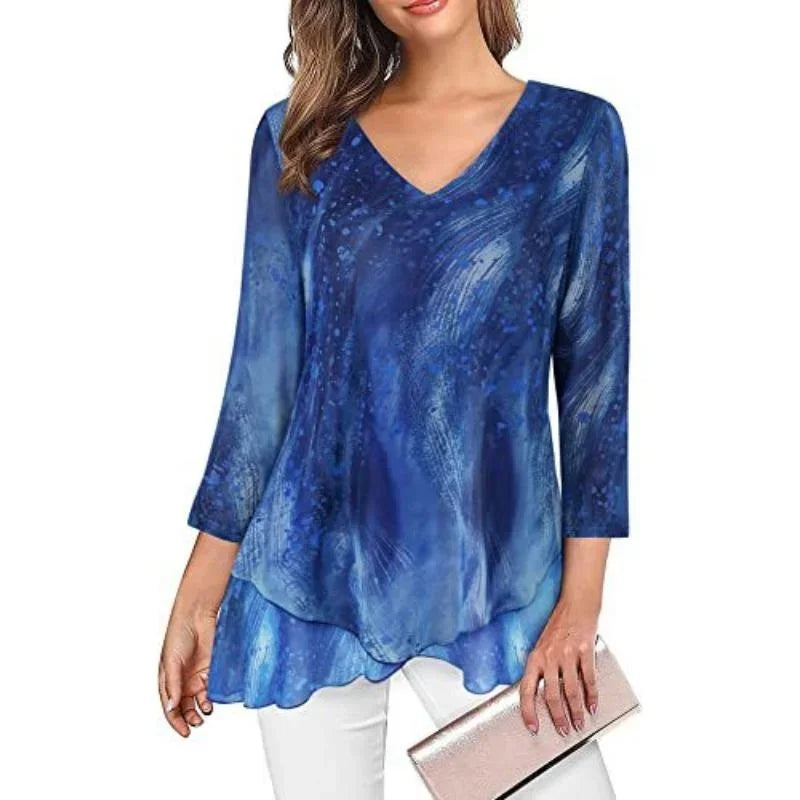 Women's V Neck Asymmetric Blouse.  S-2X