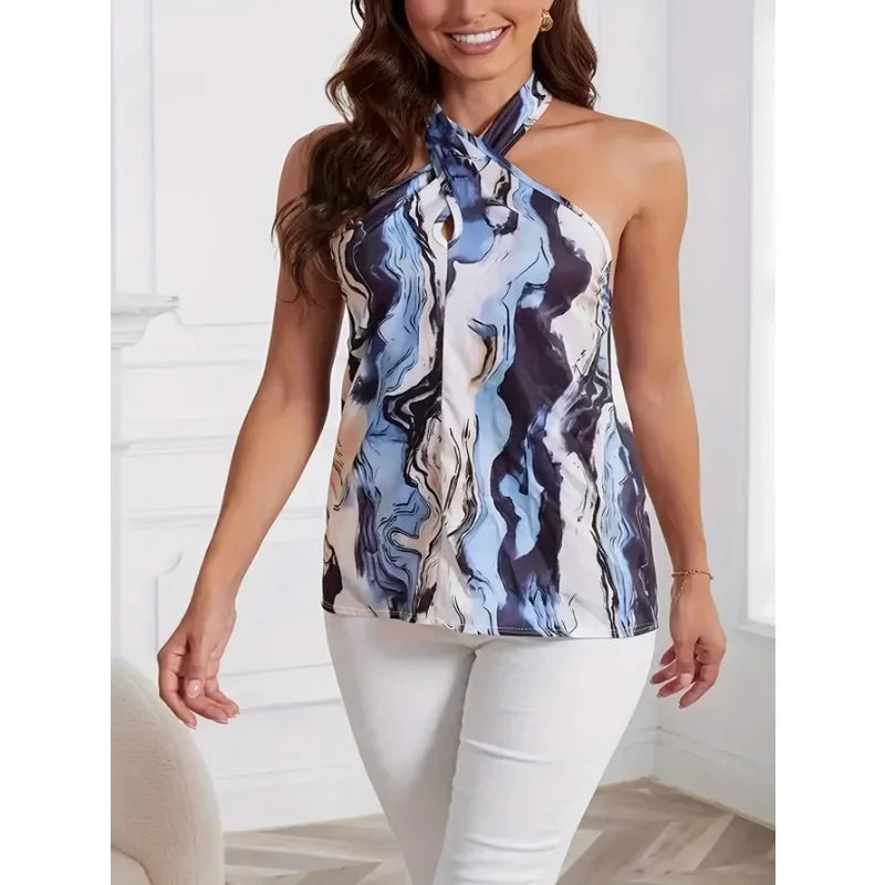 Plus Size 1XL-5XL Women's New Casual Sleeveless Fashionable Backless Tie-dye Printed Top.
