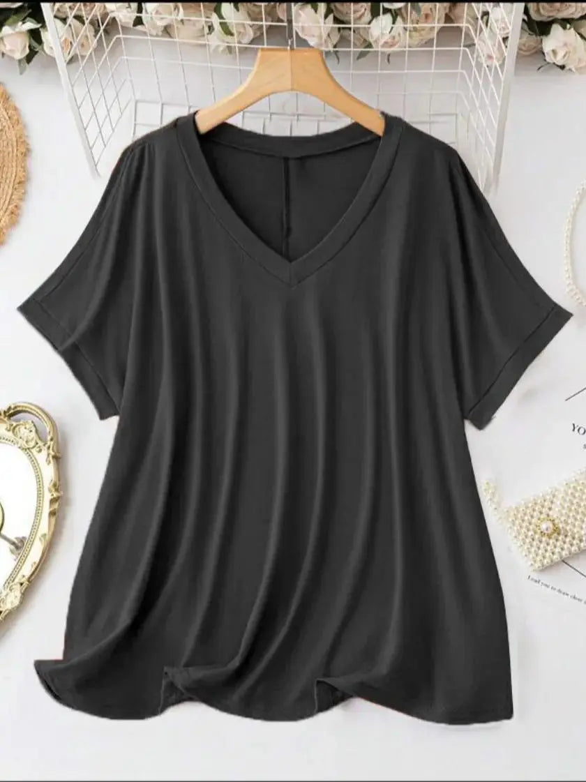 New Plus Size European Women's Casual V-neck Solid Shirt