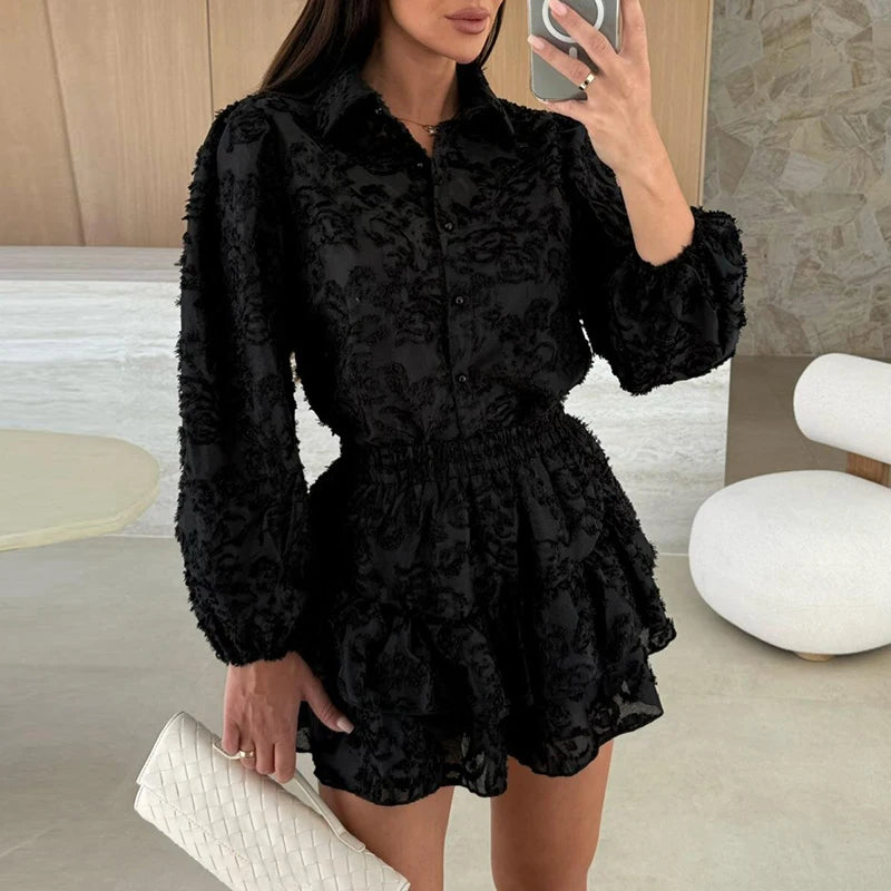 Long Sleeved Outfit 2025 Summer Lace Ruffle Loose Two Piece Set.