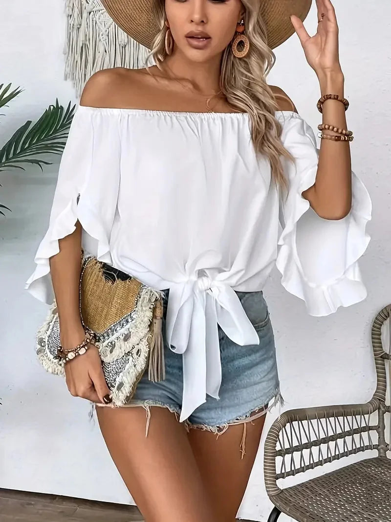 Summer One Shoulder Short Sleeved Top for Women Solid Colour Ruffle Sleeve Elegant Top.   S-2X