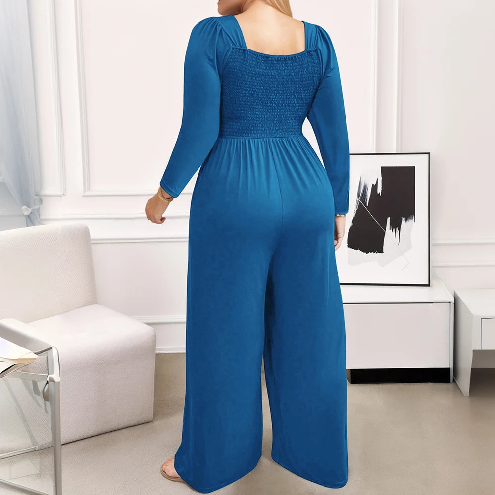 Plus Size Women Wide Leg Jumpsuit Autumn Winter One-piece Long Sleeve Jumpsuit Fashion.