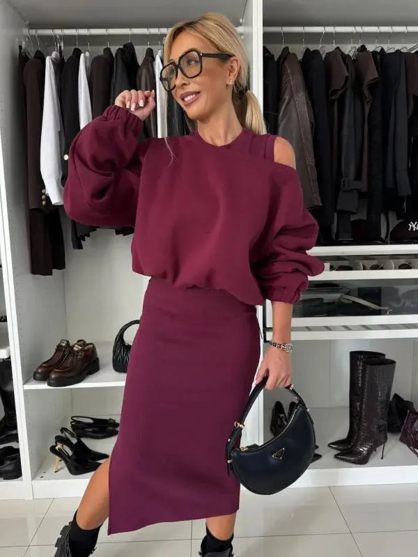New Dress With Sweatshirt Two Piece Sets Women Fashion Solid Lantern Sleeve Pullover Top Outfit Tank Dress .  S-XL