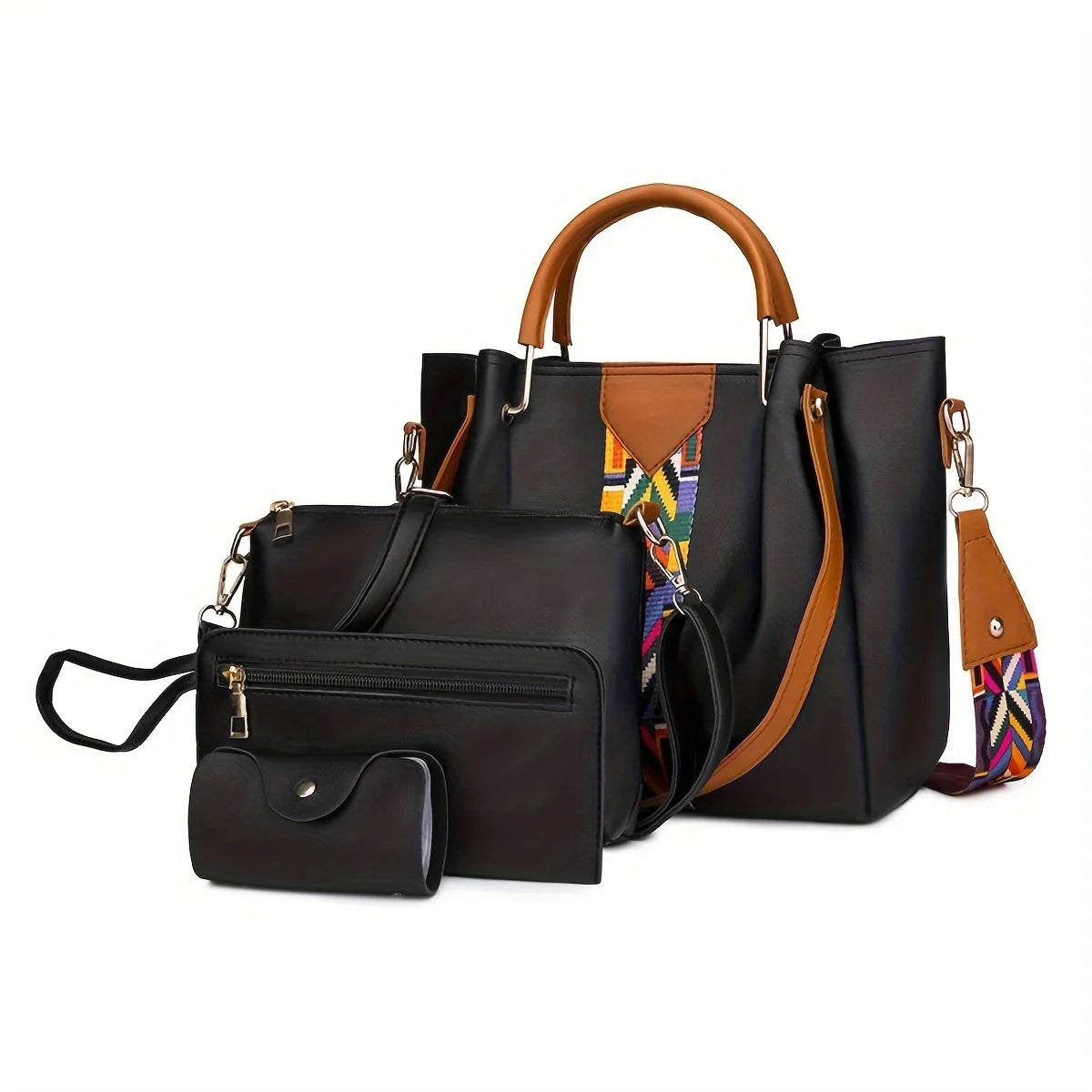 4pc Large Capacity Luxury Women's Shoulder Bag Fashion Coloured Ribbon Patchwork Tote Bag