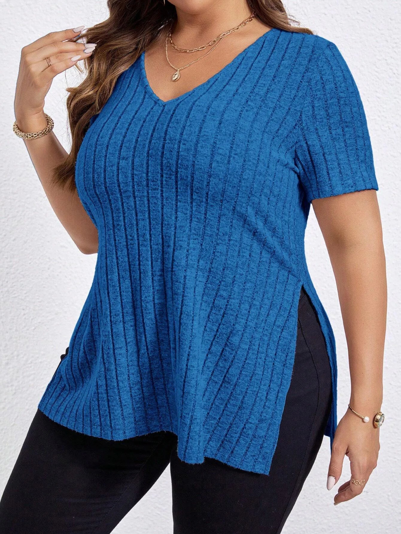 Women'S Plus Size Summer Solid Colour V-Neck Striped Short Sleeve Split Loose Shirt