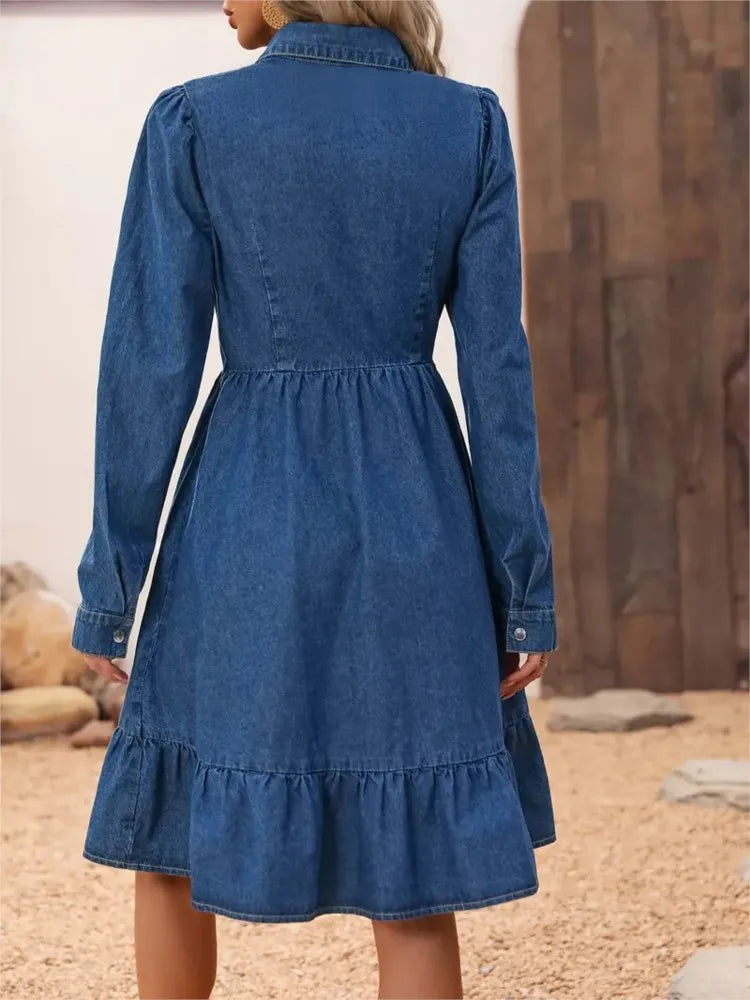 Fashion Ruffles Women Blue Denim Elegant Midi Dress Spring Summer Dress.  S-2X