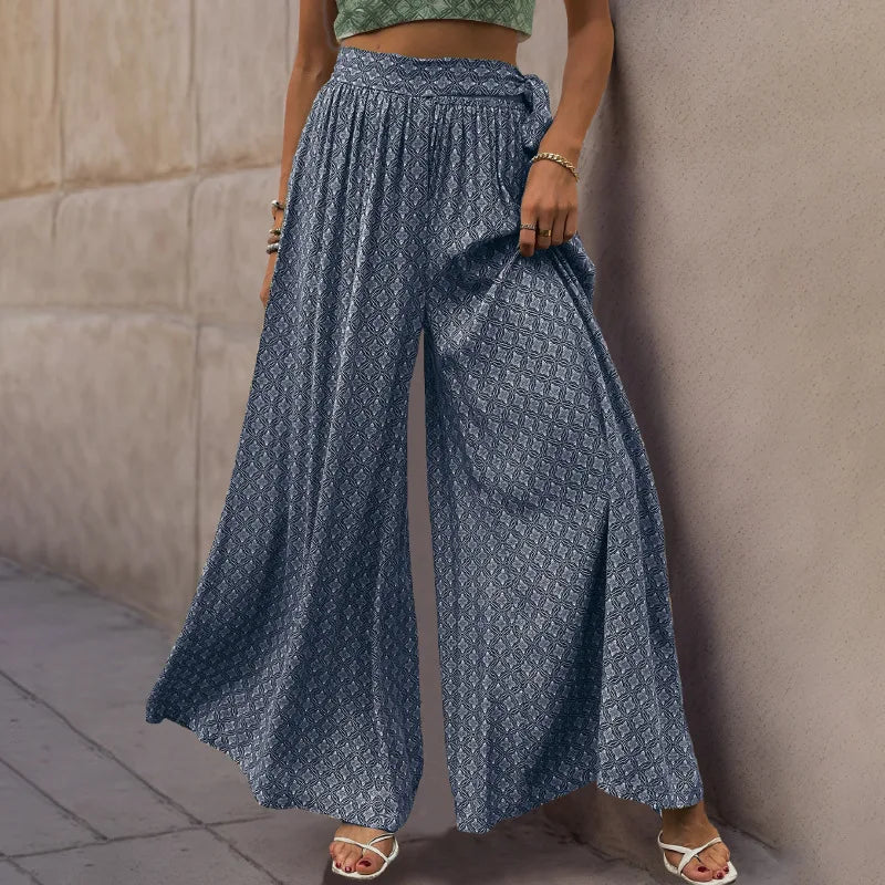 New Ladies Wide-leg  Lace-up High-waist Casual Printed Trousers