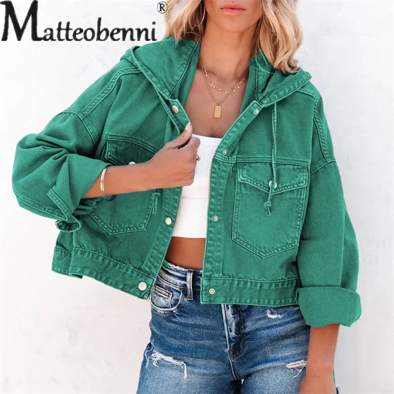 Hooded Denim Women Loose Long Sleeve Single-breasted Denim Short Jacket.  S-XL