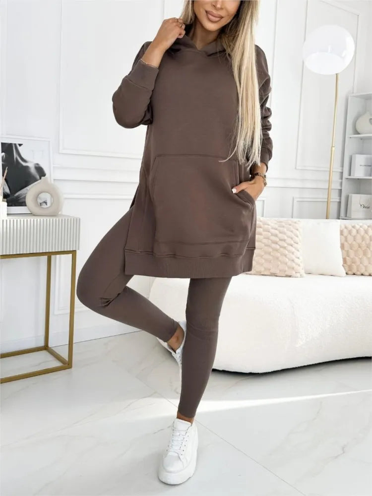 New Casual Hoodie Women's Solid Colour Simple Fashion Pocket Thick Thread Casual Leggings 2 Piece Set.  S-3x