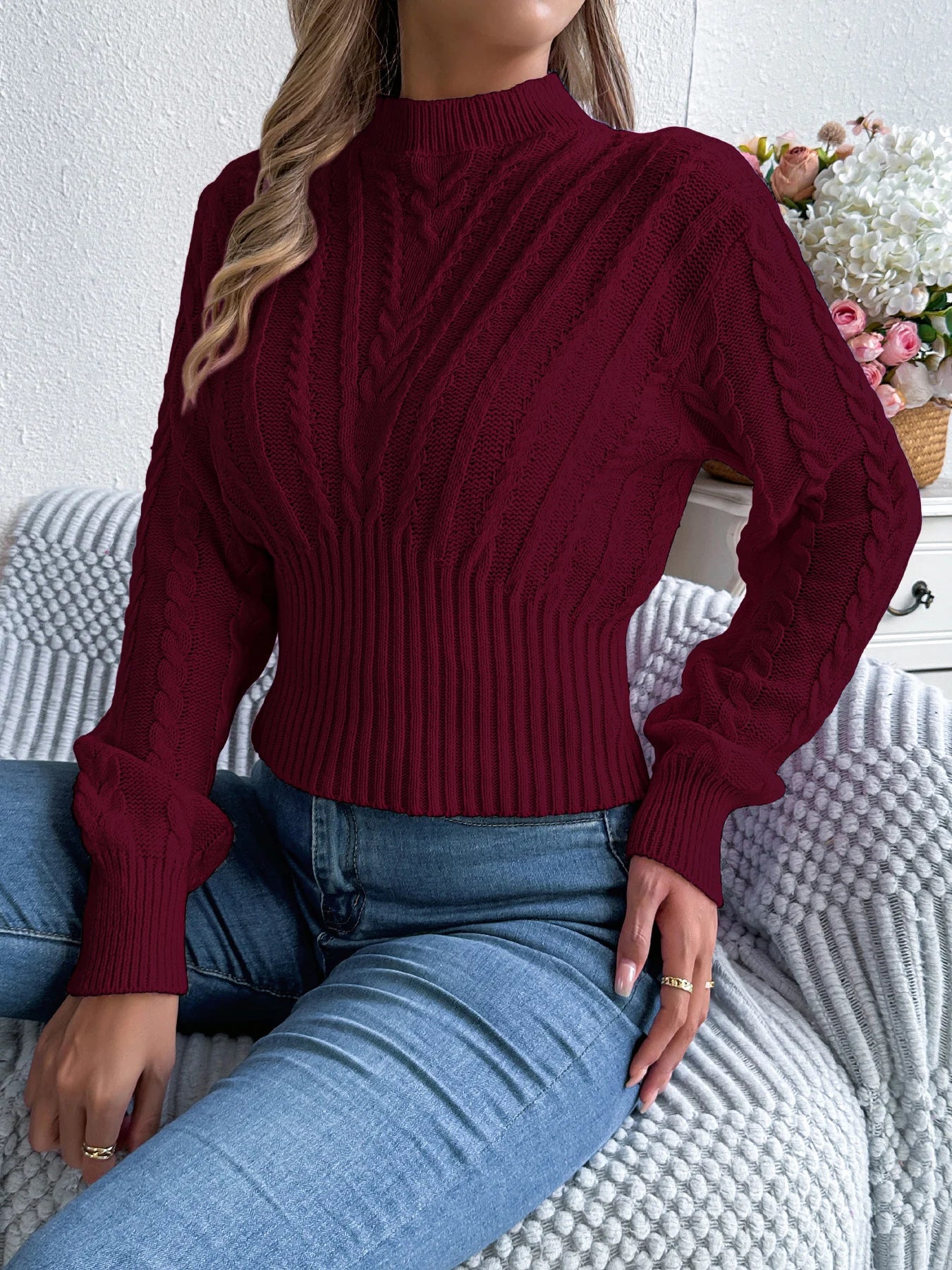 Women's Twist Knit Mock Neck Sweater - Waist Cinching Lantern Sleeve Pullover