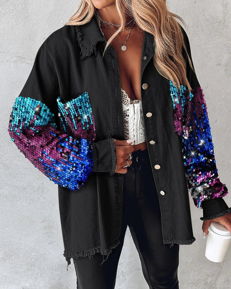 Women’s Turn-down Collar Jackets Contrast Leopard Sequin Patchwork Long Sleeve Jacket/ Top Button Front Raw Hem Shacket