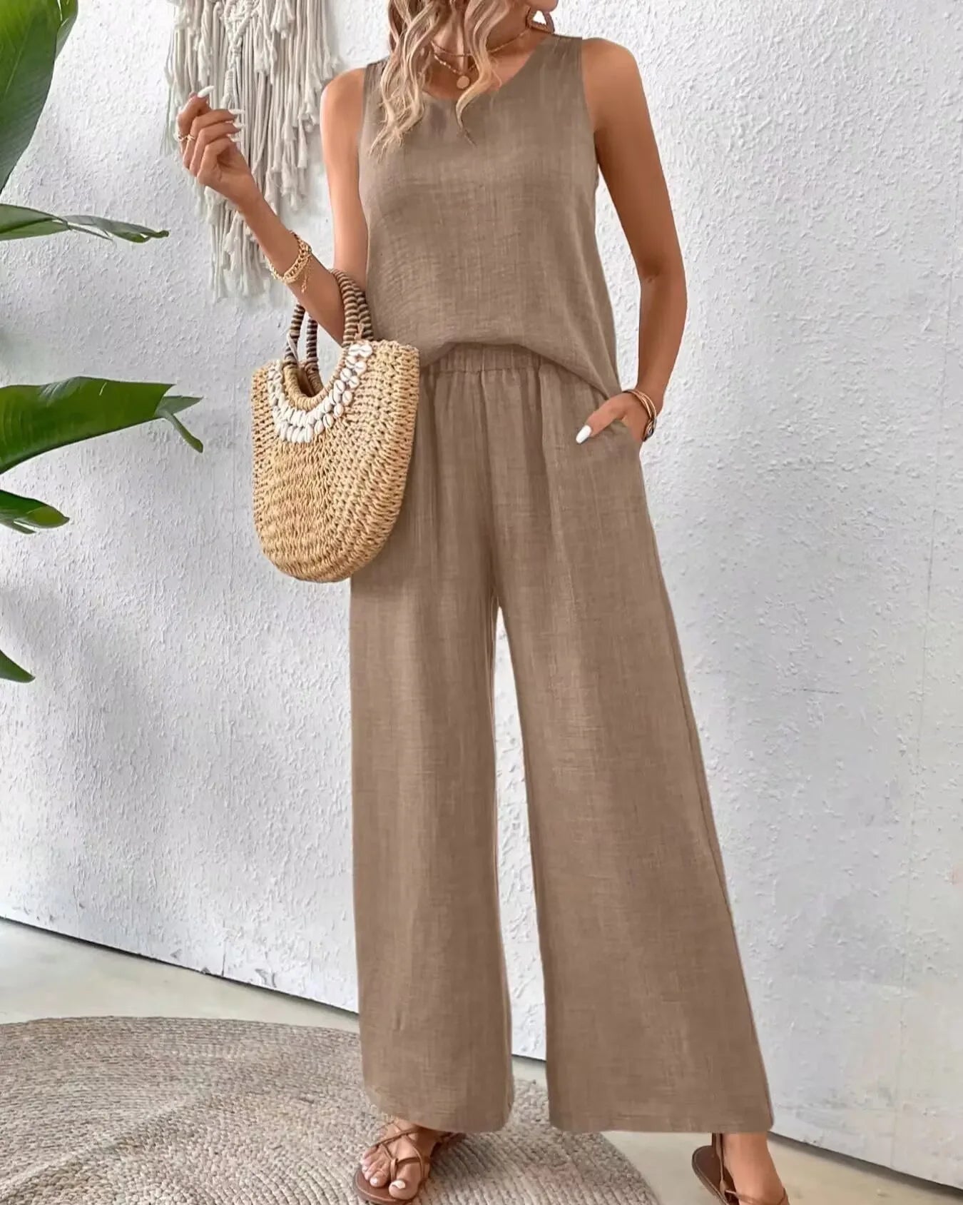 Ladies Simple Cotton Linen 2 Piece Suit Summer Fashion Sleeveless Loose Blouse Wide Leg Pants.