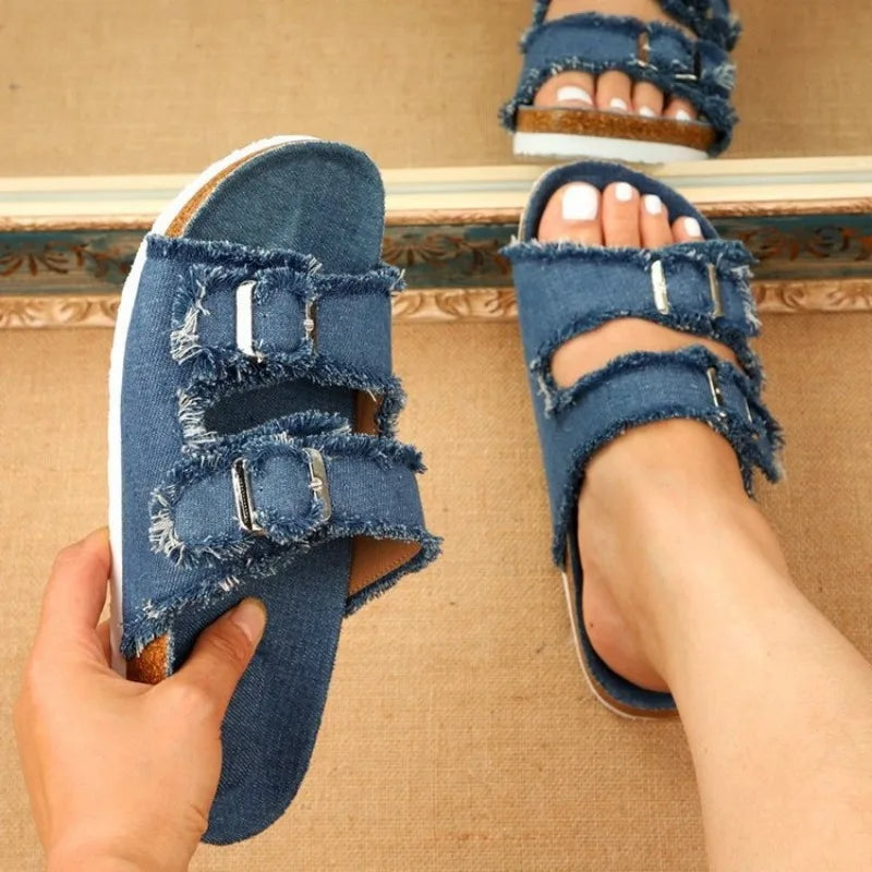 2025 Summer Women Fashion Designer Female Canvas Metal Buckle Flat Soft Sole Sandals.