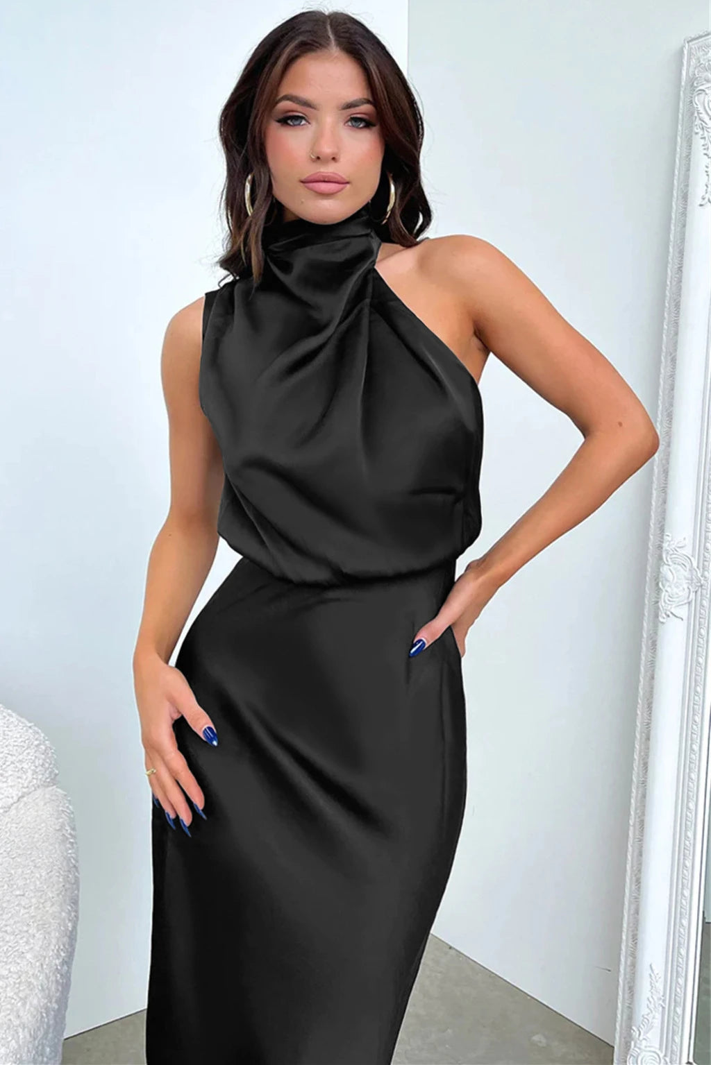 2025 Spring/Summer Long Dress for Women High Waist Halter Satin Sleeveless Elegant Solid Evening Party Dress.  S-XL