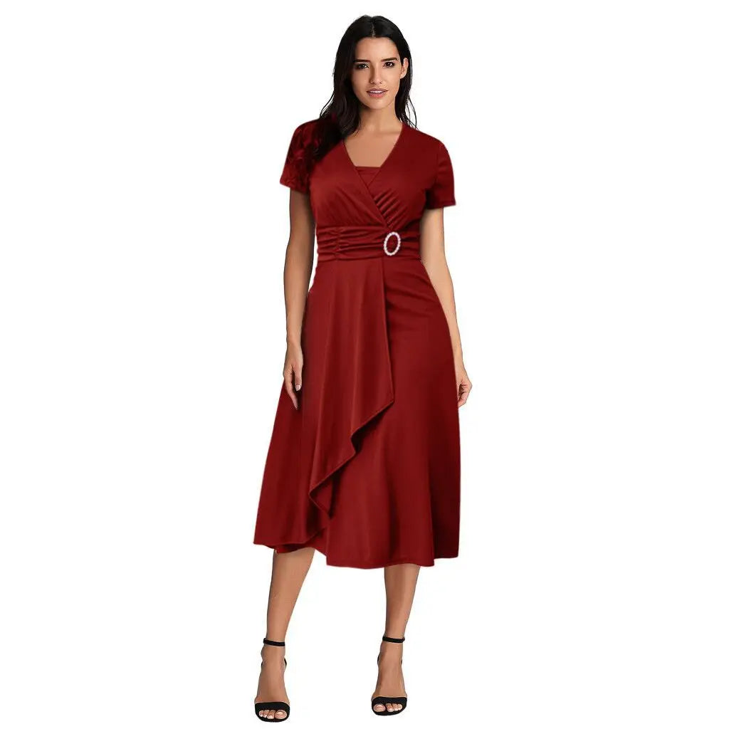 Elegant Women Solid Color Short Sleeve V Neck Asymmetric Hem Waist Tight Midi Party .  S-2X