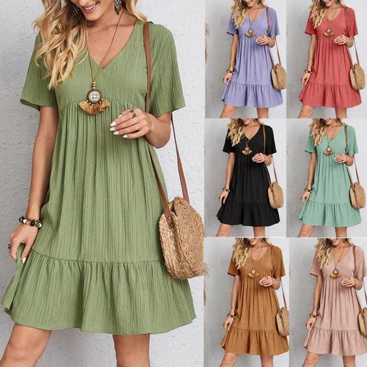 2025 Loose V-neck Short Sleeved Pleated Solid Color Elegant Simple Comfortable Dress.  S-3X