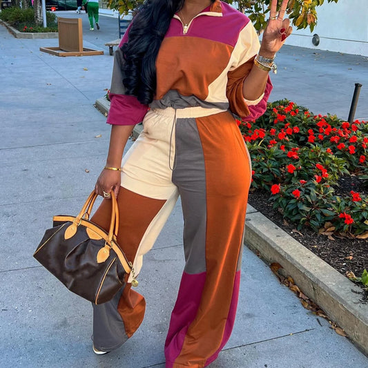 Women's Two-Piece Tracksuit Set - Casual Patchwork Pullover & Straight Pants