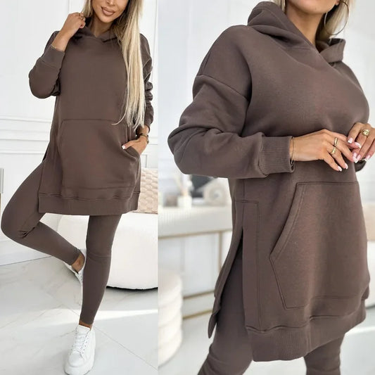 Women Pant Set Two Pieces Tracksuit Hooded Solid Sweatshirts Pullover Pencil Pants Slim High Street Pockets Ankle Length 2025.  S-3X