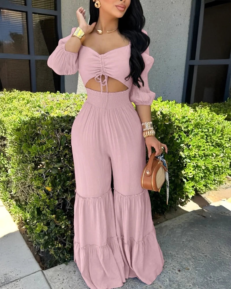 Women's High Waist Solid One Piece Fashion  Drawstring Shirred Jumpsuit.  S-xL