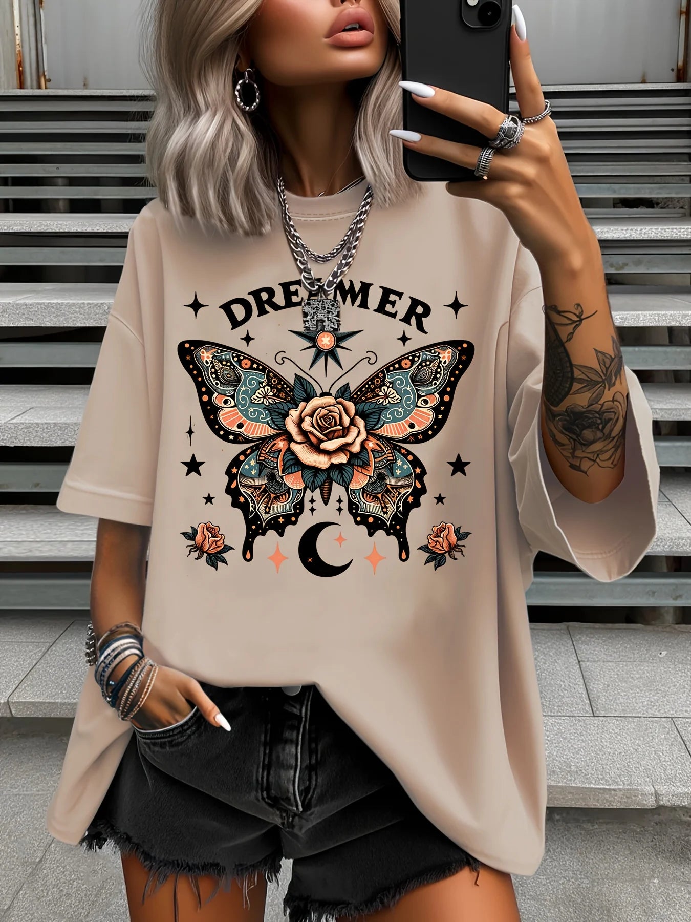 Plus Size Fashion Women's T-Shirt Original Design Butterfly Pattern Printed Casual Round Neck Short Sleeved Top