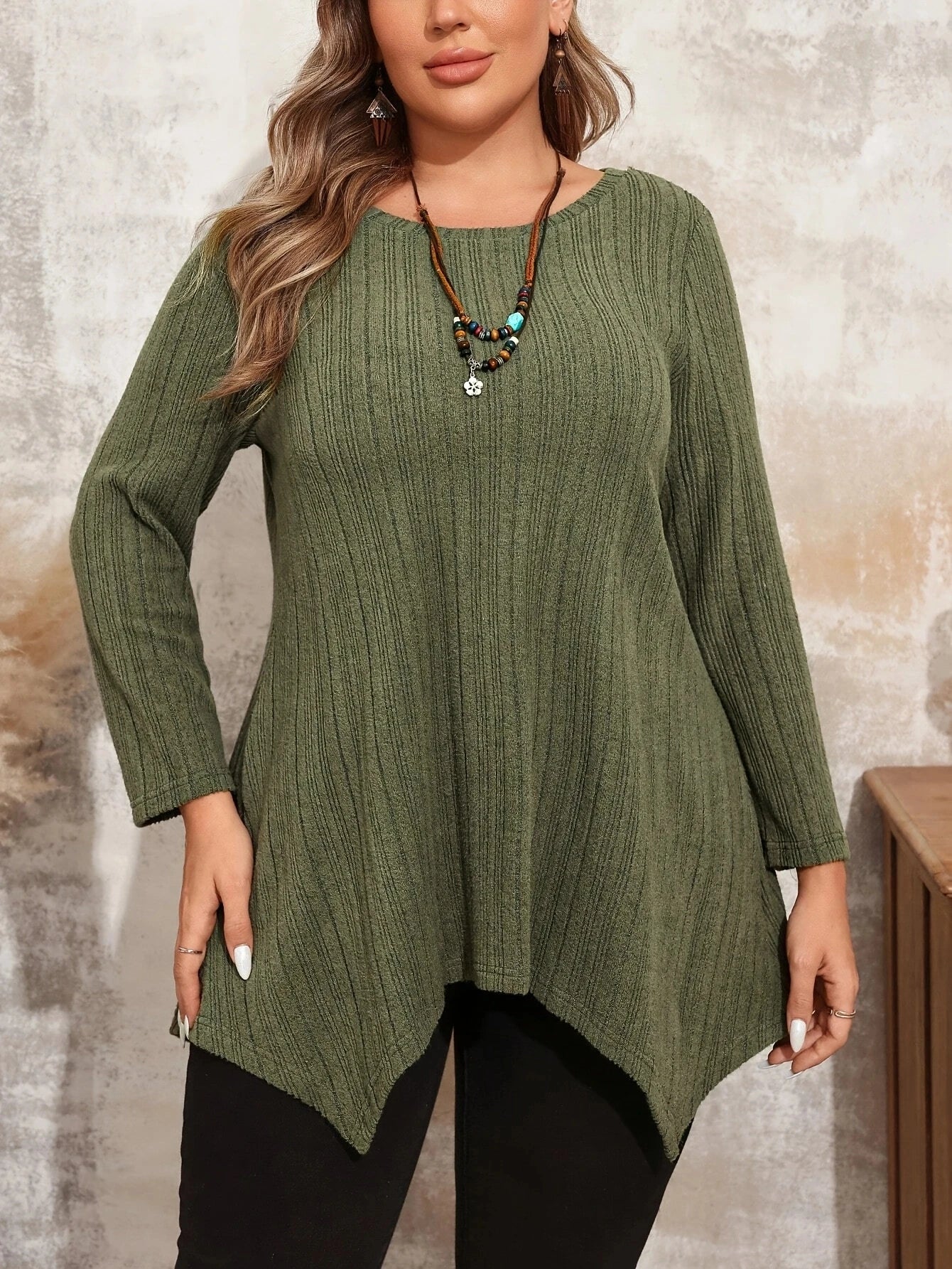 Plus Size Casual Long Sleeve Crew Neck Top For Spring & Fall,