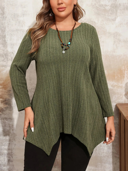 Plus Size Casual Long Sleeve Crew Neck Top For Spring & Fall,