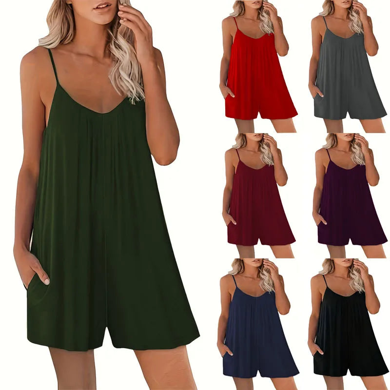 New European Women's Casual Solid Round Neck Loose Pocket Romper.  S-3x