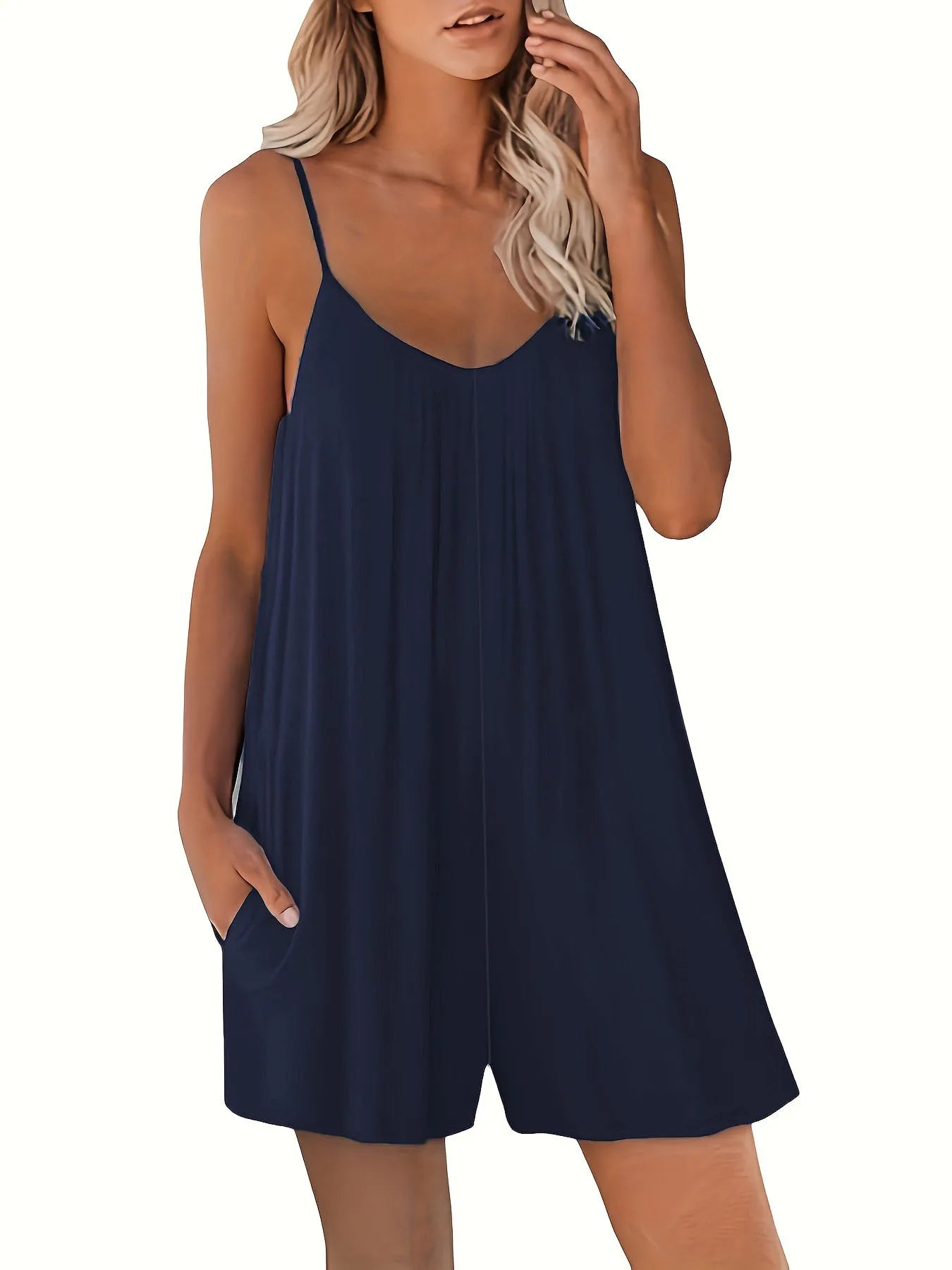 New European Women's Casual Solid Round Neck Loose Pocket Romper.  S-3x