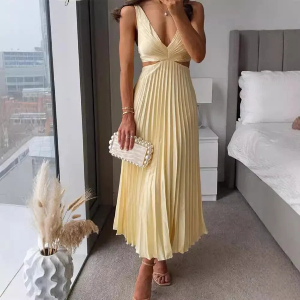 Elegant Long Summer V-neck Sleeveless Hollow Out Backless Sexy Dress .  S-xxL