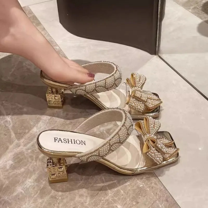 Fashion Women's Square Heel One Kick Sexy Bow Tie Sandals Pearl Banquet Extra-shaped Heel Sandalias De Mujer