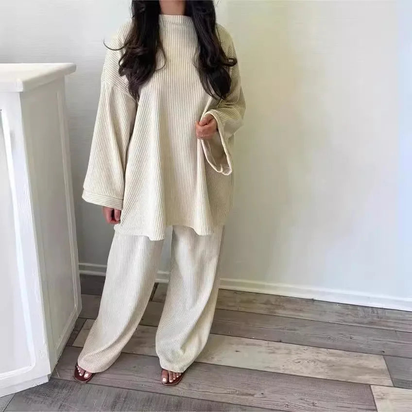 Elegant Female Fashion Solid Set Loose Long Sleeve Pullover Top Wide Legs  2 Piece Set. S-XL