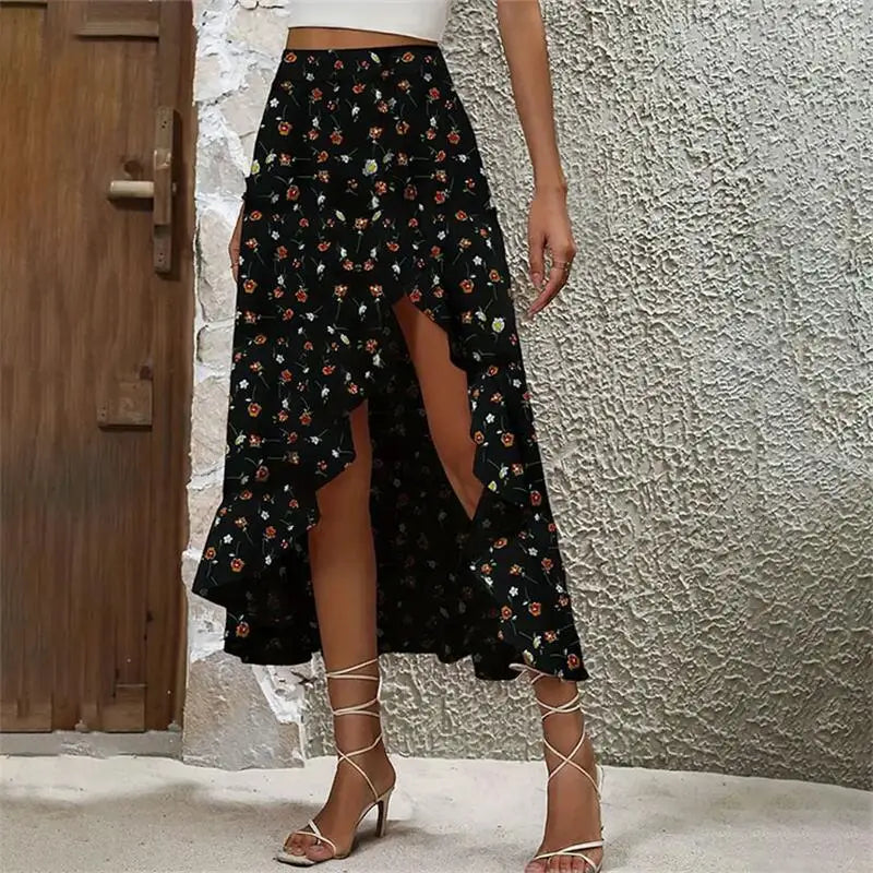 Ruffle Edge Irregular skirt Elegant Fashionable Summer New Midi Floral Print.  S-xxL