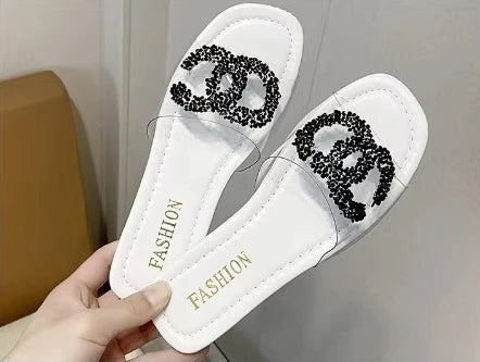 Women 2025 Hot Sale Slippers Flat Heel Soft Bottom Transparent Fashion Crystal Sandals Daily Commute All-match Shoes For Women
