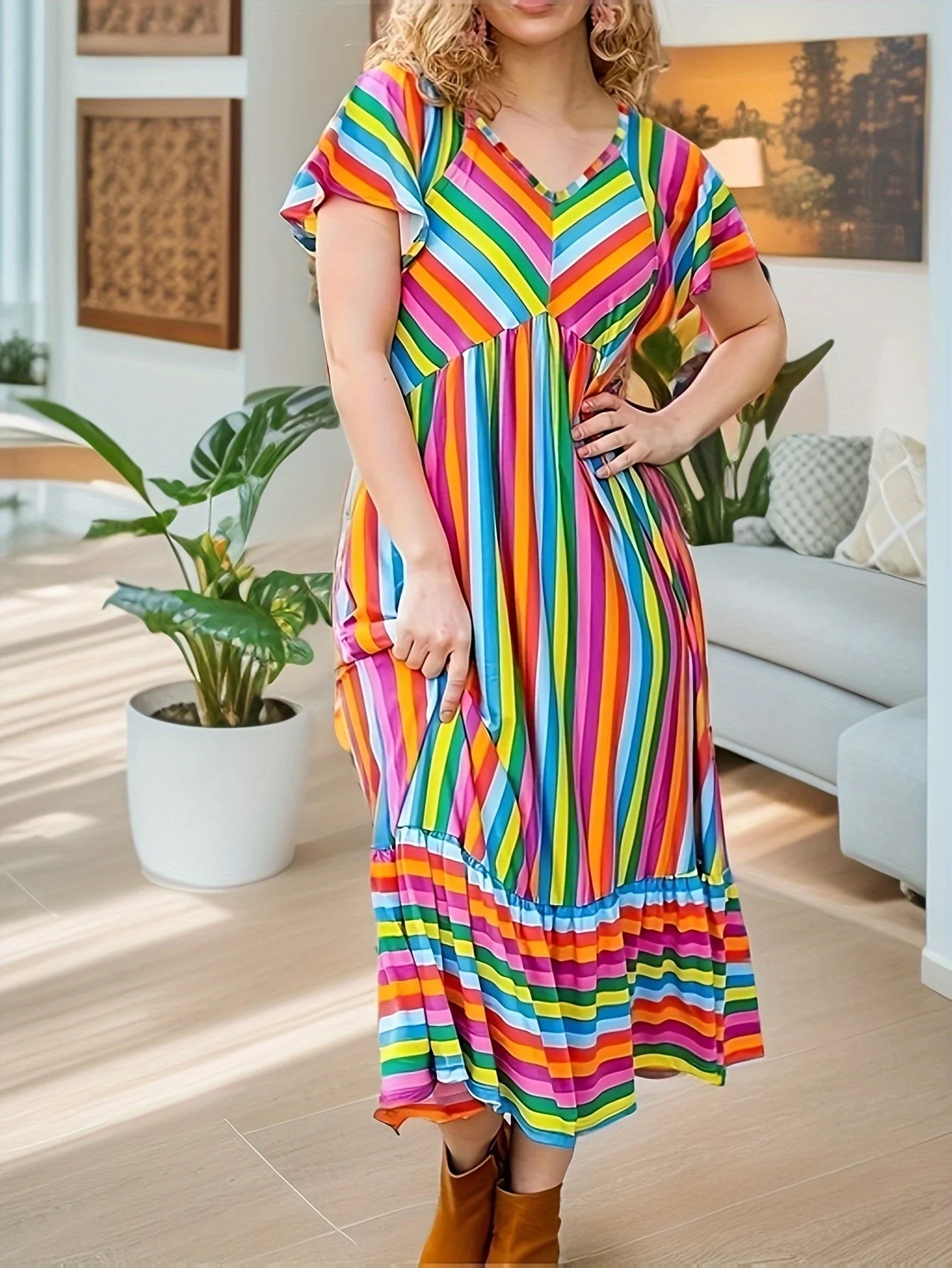 Plus Size1XL-5XL V-neck Rainbow Print Dress Loose Lotus Sleeve A-line Skirt Milk Silk Fabric Elastic Comfortable Breathable Ball
