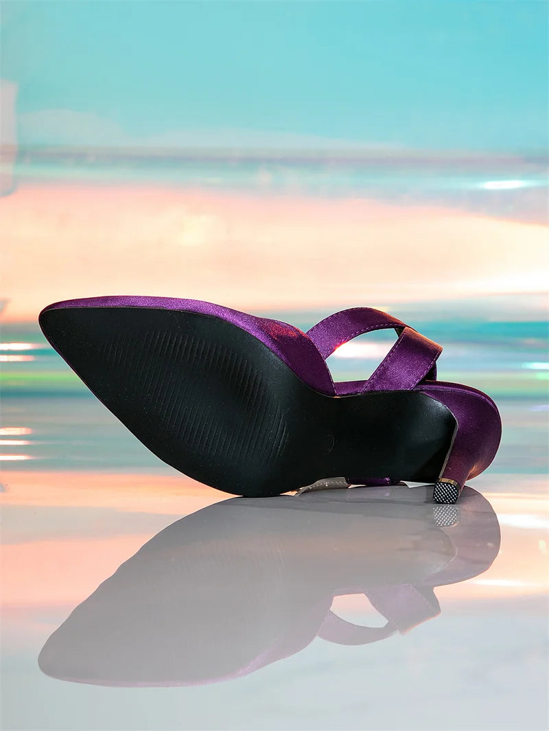 2025 New Fashion Rhinestone Buckle Ankle Strap Women Sandal Cozy Silk Pointed Toe Purple High Heels Party Dress Shoe.