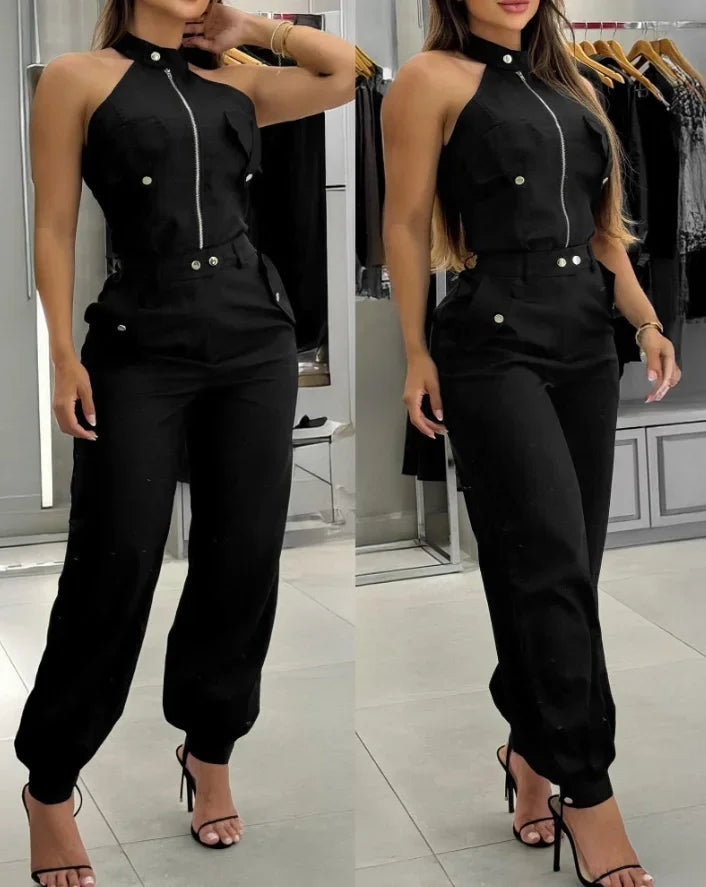 2025 Sexy Elegant 2 Pieces Sets Women's Outfits Sleeveless High Neck Top With Pocket Design and Casual Cuffed Long Pants Set