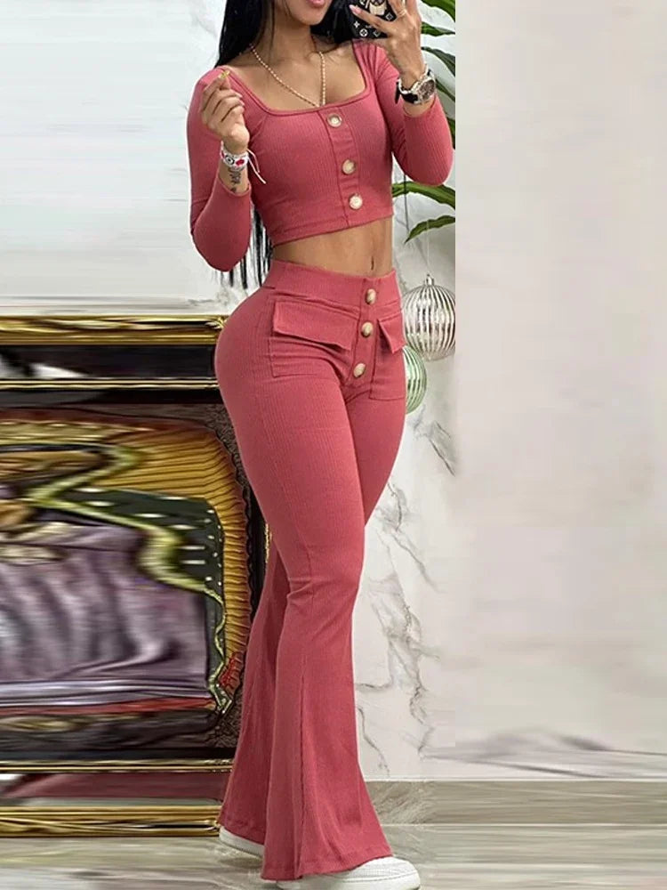 Ladies Two Piece Fashion Square Neck Buttoned Top & Pocket Design Flared Pants Set.