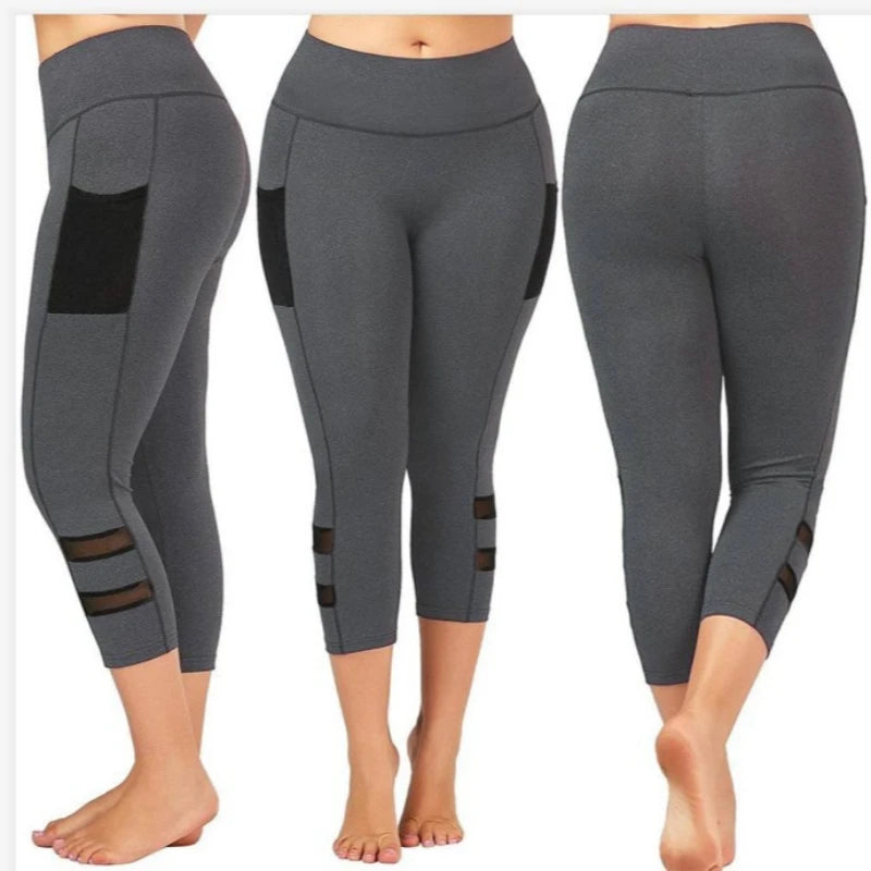 Women's Curvy Size Yoga Leggings with Pockets Solid Hollow Out Stretchy Skinny Pants Pocket Running Pants