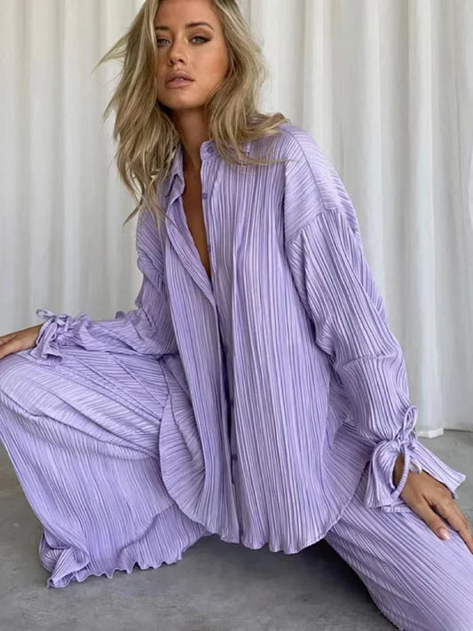 Women Pleated 2 Piece Long Sleeve Blouse And Split Wide Leg Pant Suit.