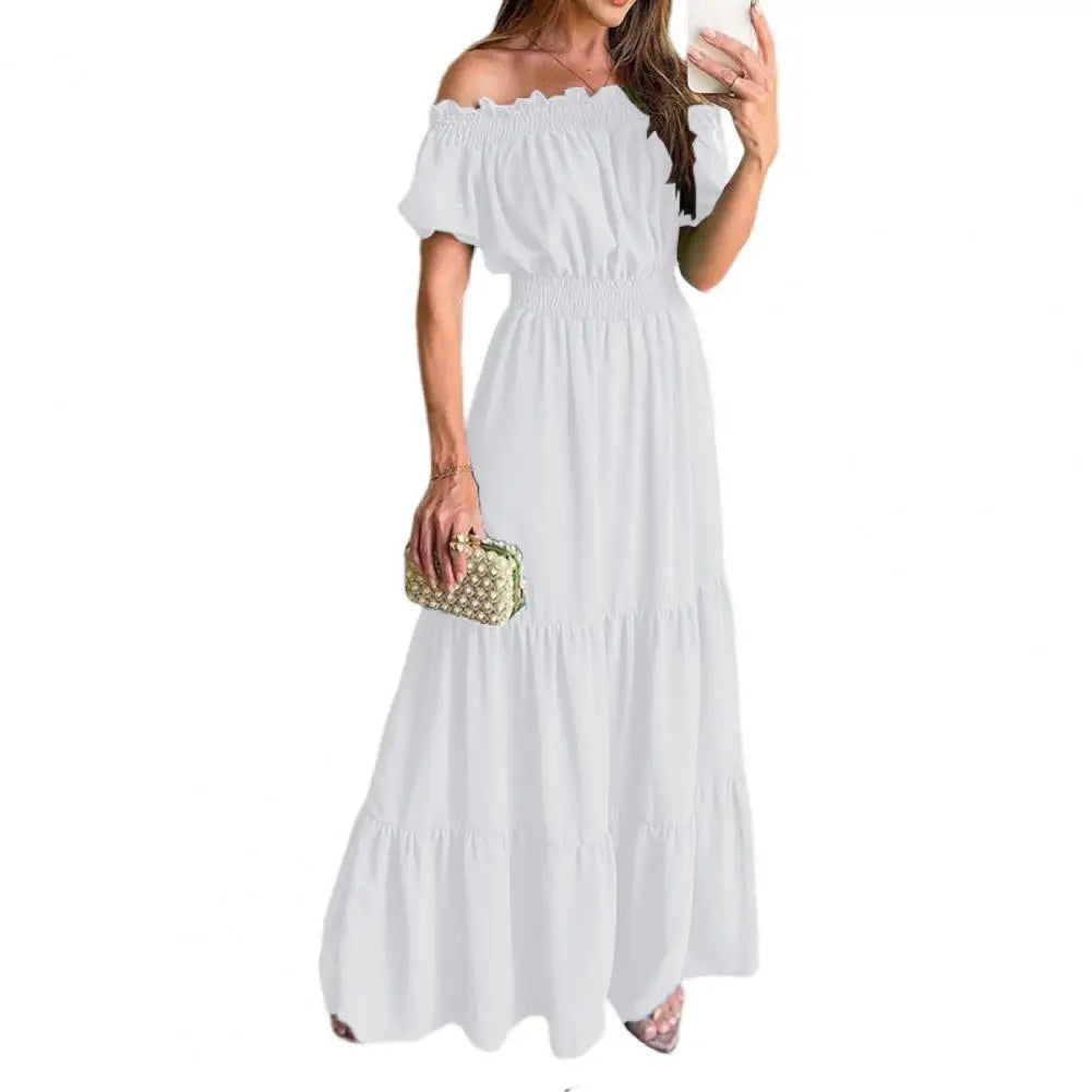 Women Dress Solid Puff Short Sleeves Elastic Waist Casual A-Line High-Waist Off Shoulder Maxi Dress.