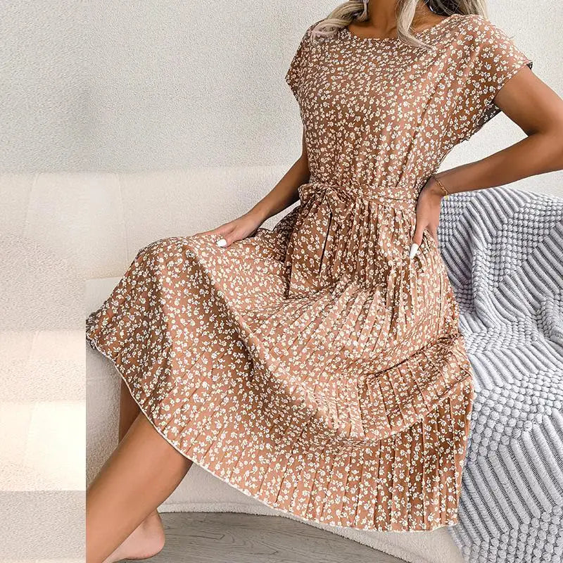 Women Spring Summer Short Sleeve High Waist Fashion Floral Pleated A Line Long Dress.  S-6X