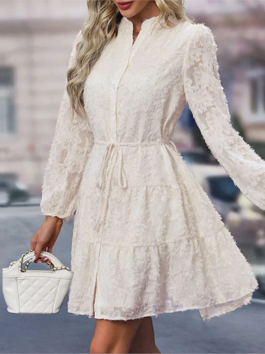 2025 Elegant Lace Midi Dress - Solid Color Button Front A-Line Spring Autumn S-XL